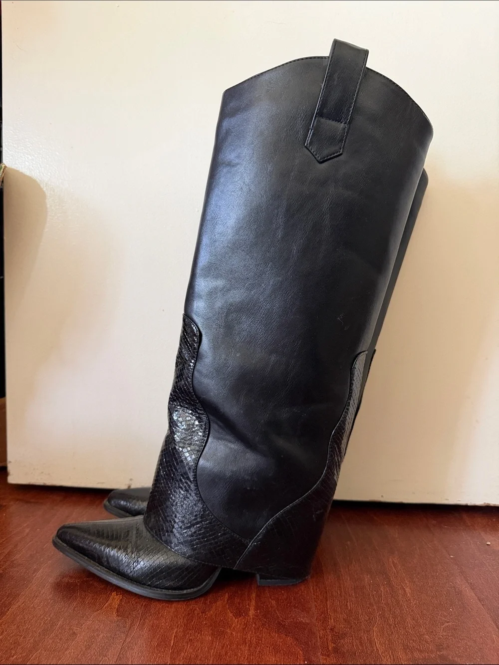 Classic Black Faux Leather Western Knee-High Boots